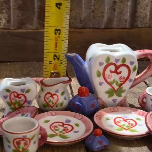Vintage Mini Tea Set Heart Tray Ceramic Valentine Folk Art Christmas girl toy - Picture 10 of 12
